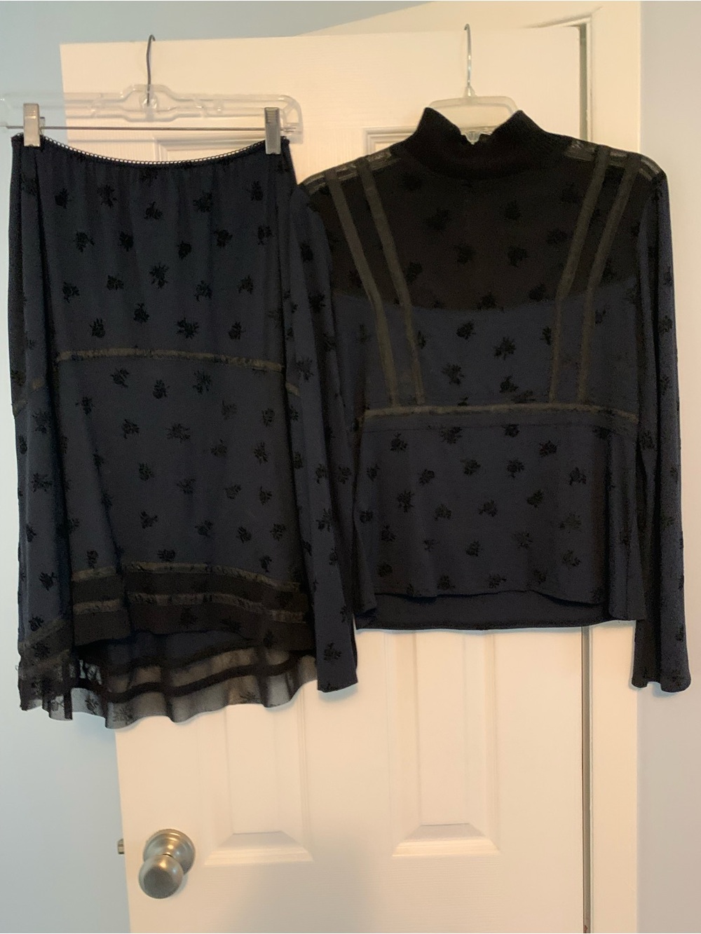 Black Mesh and Lace Two Piece Dress. Mock Neck and Long Sleeves.